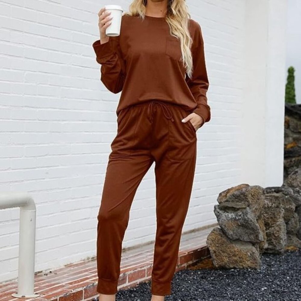 Women's Brown 2 Piece Loungewear Set Matching Sweatshirt and Sweatpants